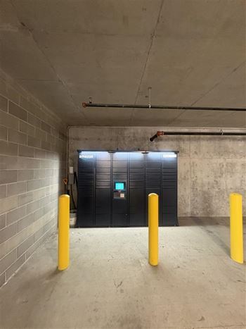 A concrete room with a black door and yellow bollards.